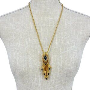 Vintage Gold Tone Statement Pendant Necklace  Blue CZ Accent AW10